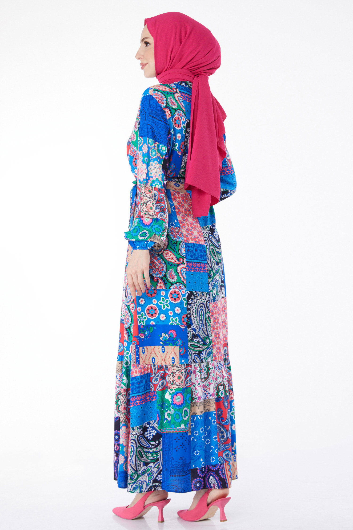 Düz Hakim Yaka Kadın Saks Desenli Renkli Elbise - 24994 - 8