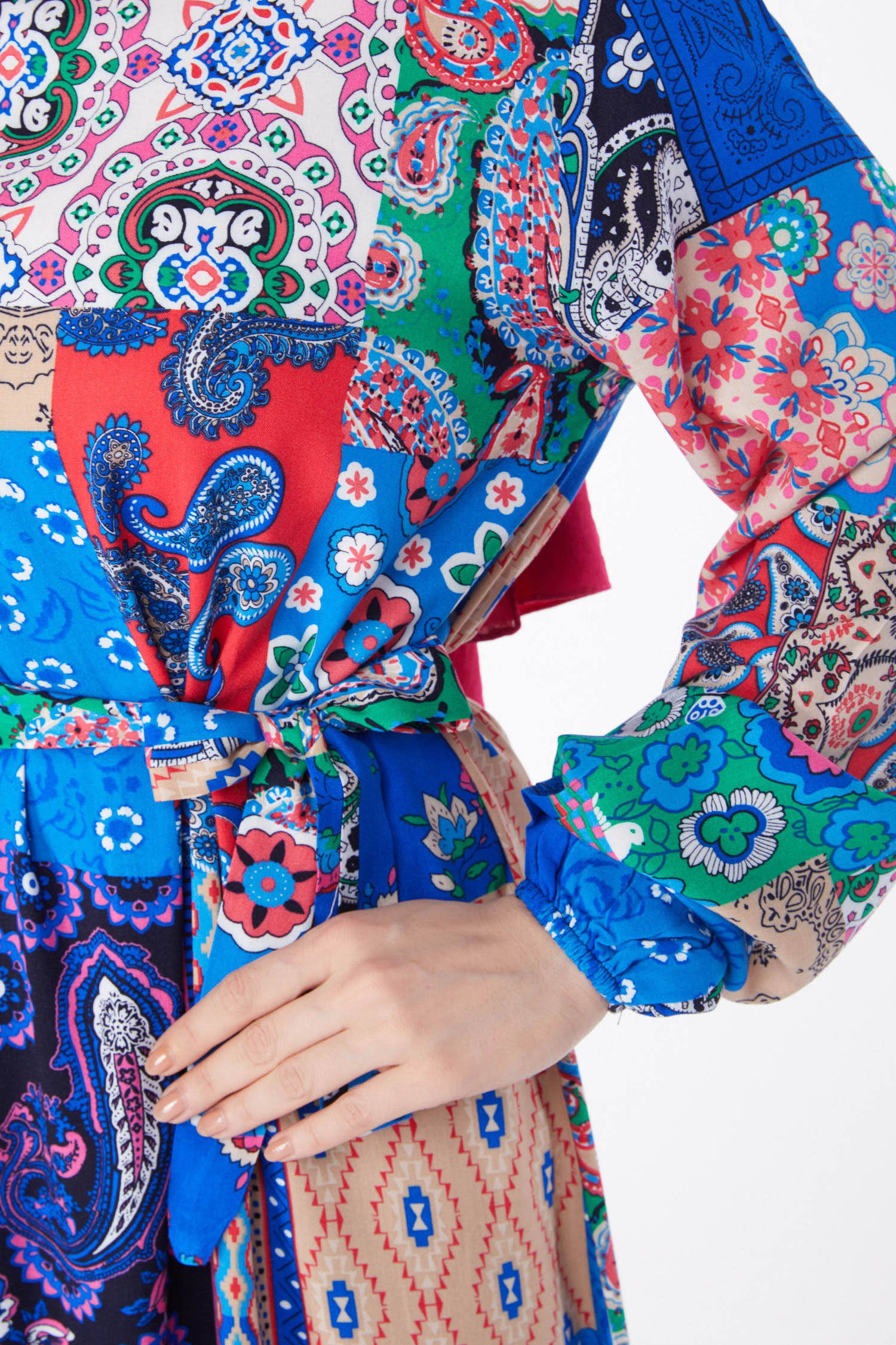 Düz Hakim Yaka Kadın Saks Desenli Renkli Elbise - 24994 - 7