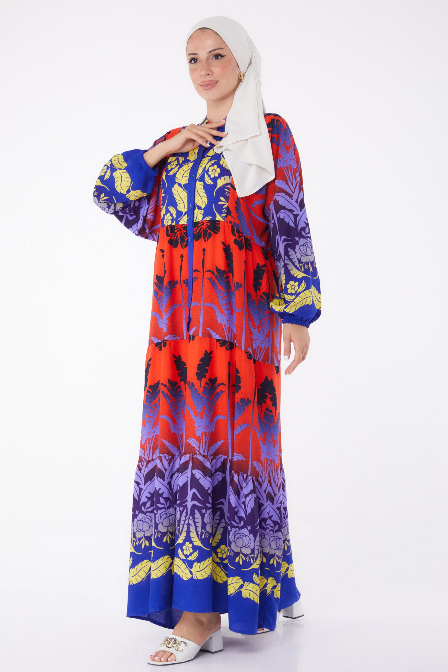 Düz Hakim Yaka Kadın Saks Düğmeli Desenli Elbise - 26044 - 1