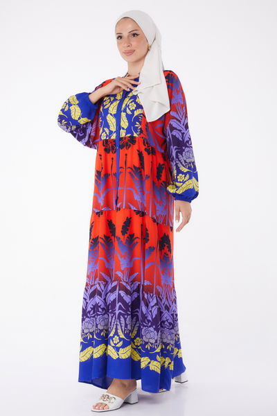 Düz Hakim Yaka Kadın Saks Düğmeli Desenli Elbise - 26044 