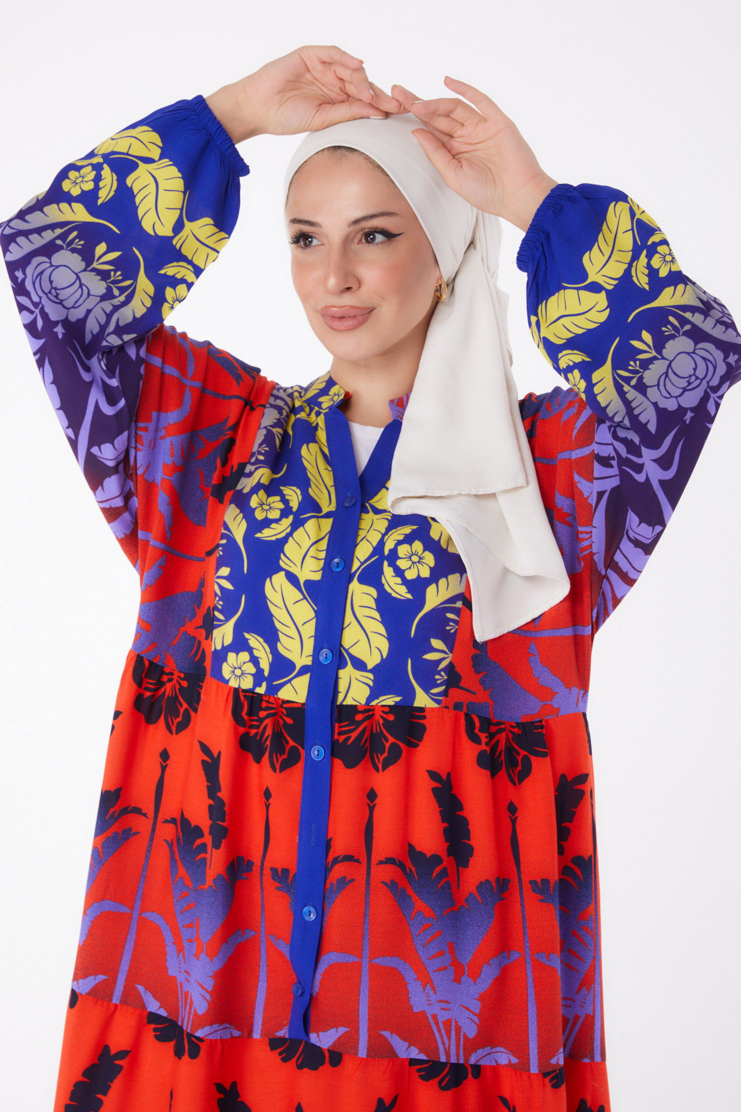 Düz Hakim Yaka Kadın Saks Düğmeli Desenli Elbise - 26044 - 2