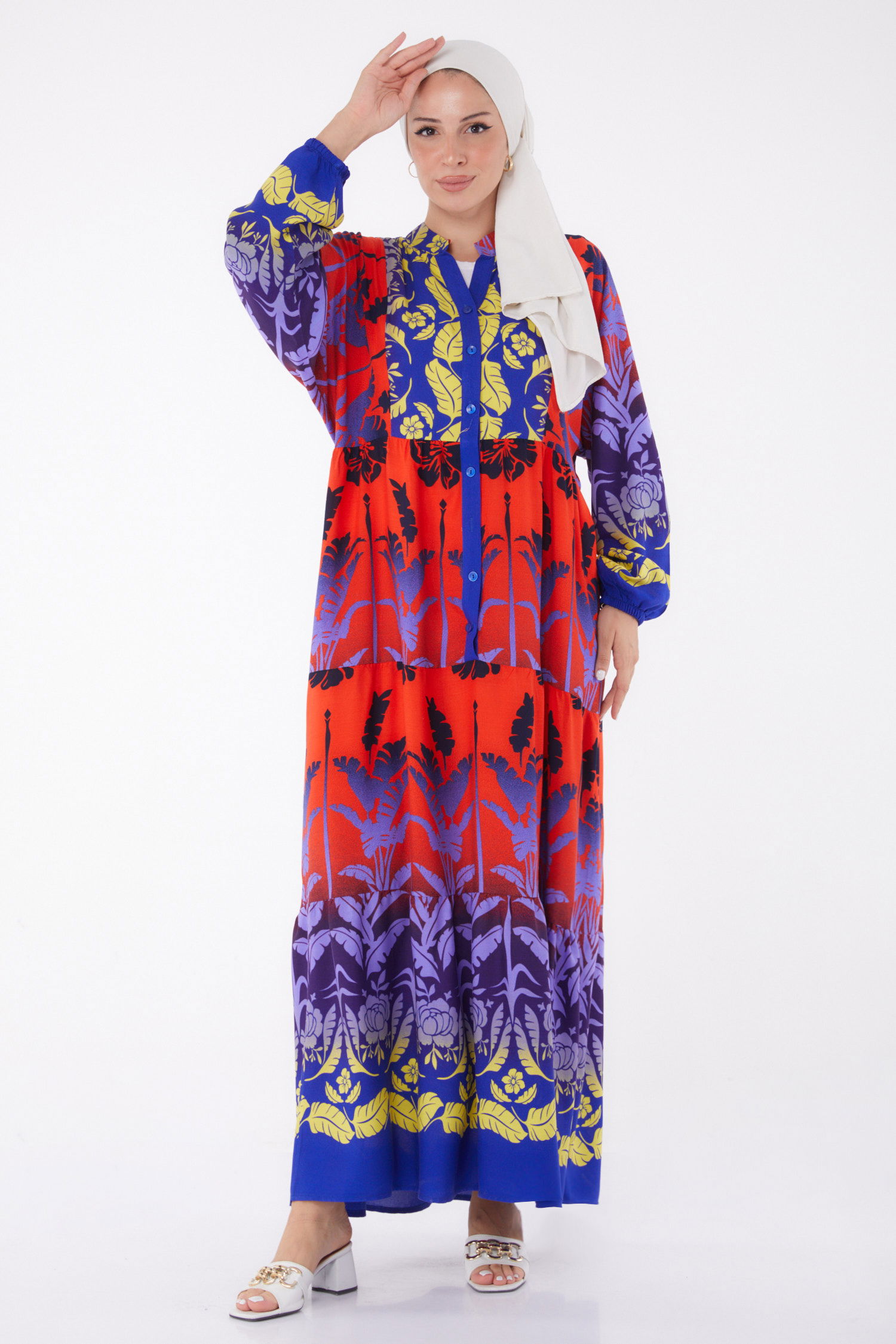 Düz Hakim Yaka Kadın Saks Düğmeli Desenli Elbise - 26044 - 3