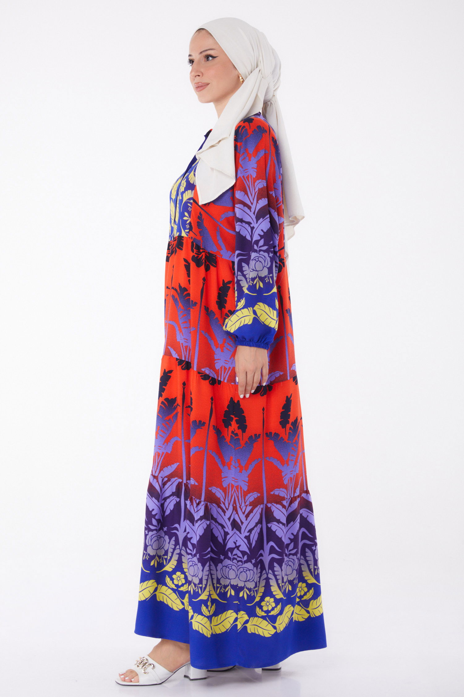 Düz Hakim Yaka Kadın Saks Düğmeli Desenli Elbise - 26044 - 4