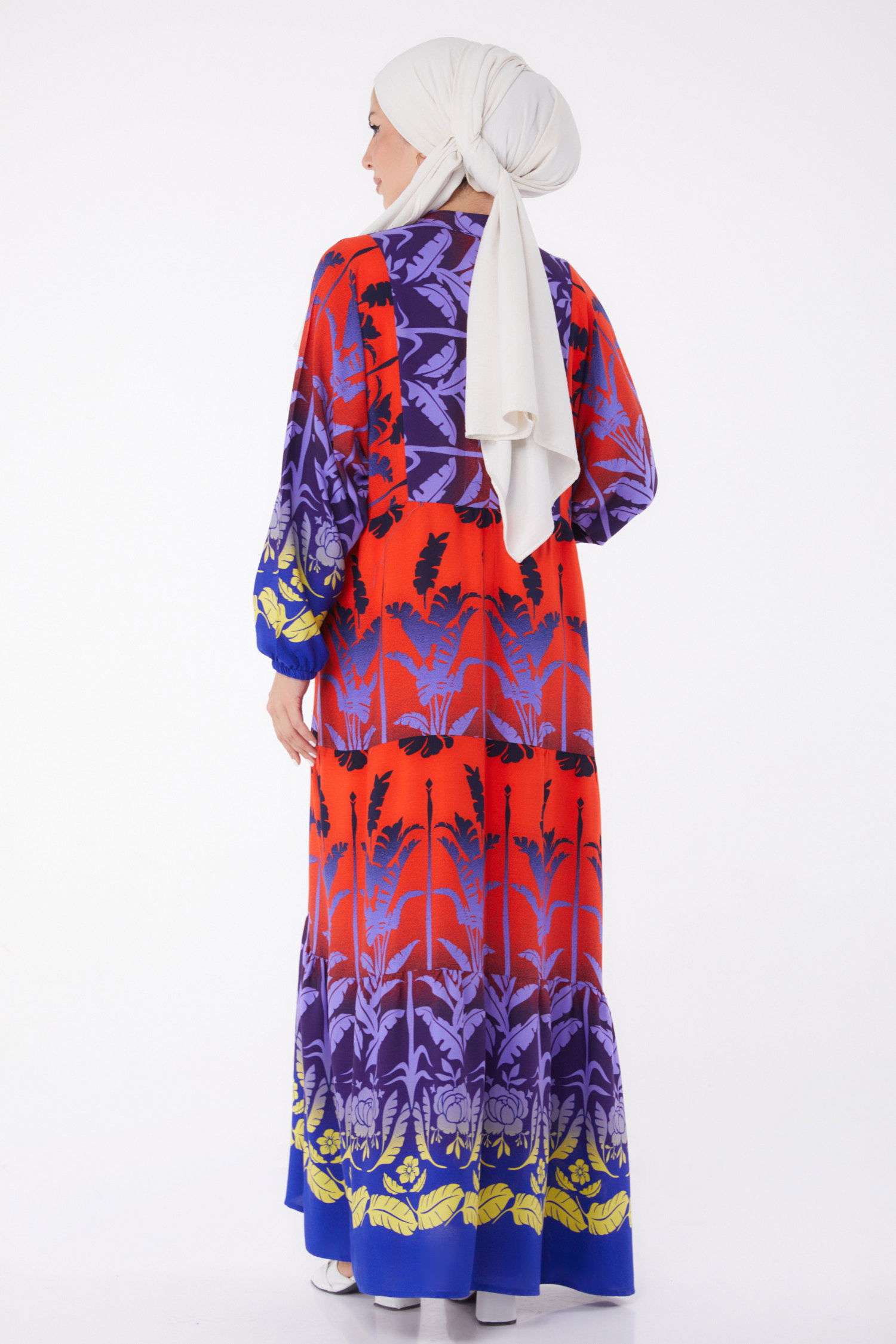 Düz Hakim Yaka Kadın Saks Düğmeli Desenli Elbise - 26044 - 5