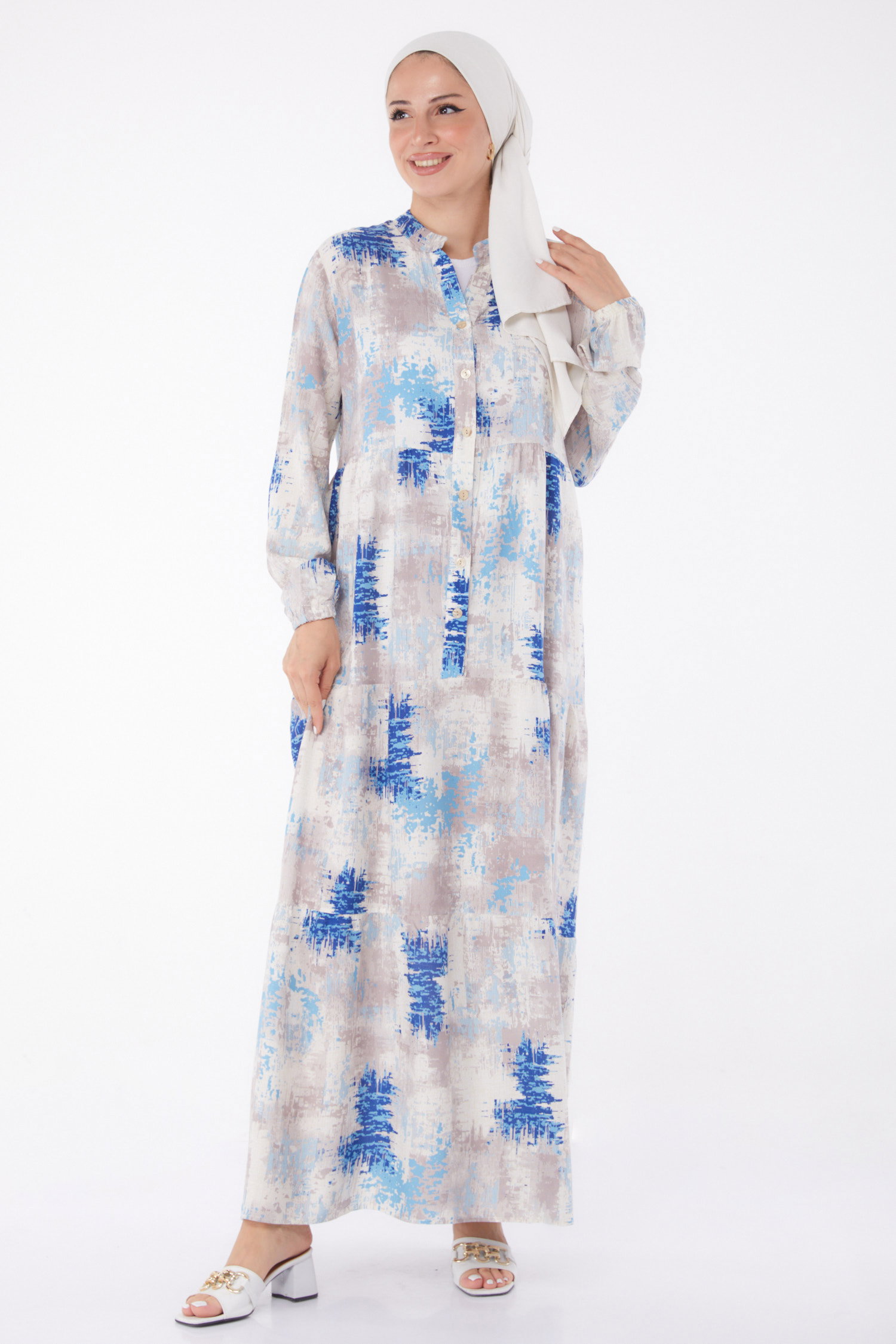 Düğmeli Desenli Elbise Saks - 26045 - 1