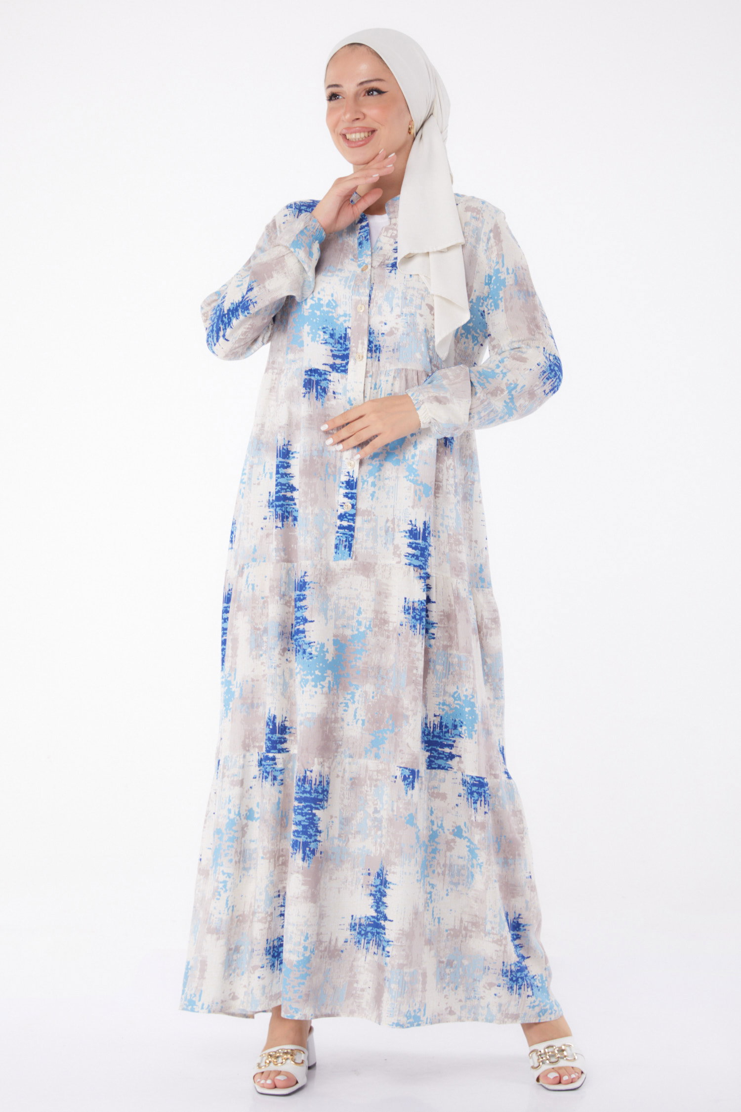 Düğmeli Desenli Elbise Saks - 26045 - 3
