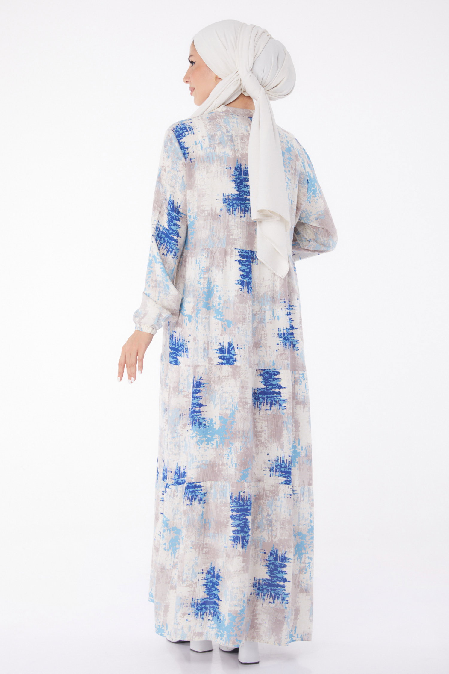 Düğmeli Desenli Elbise Saks - 26045 - 5
