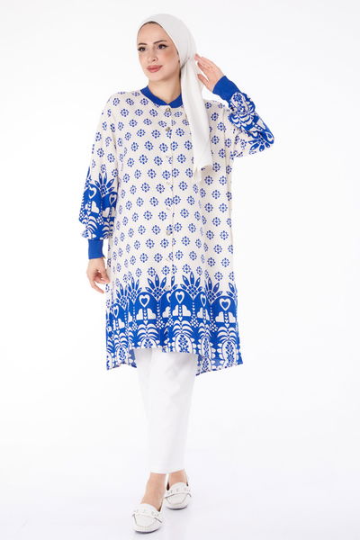 Düğmeli Desenli Tunik Saks - 25623 