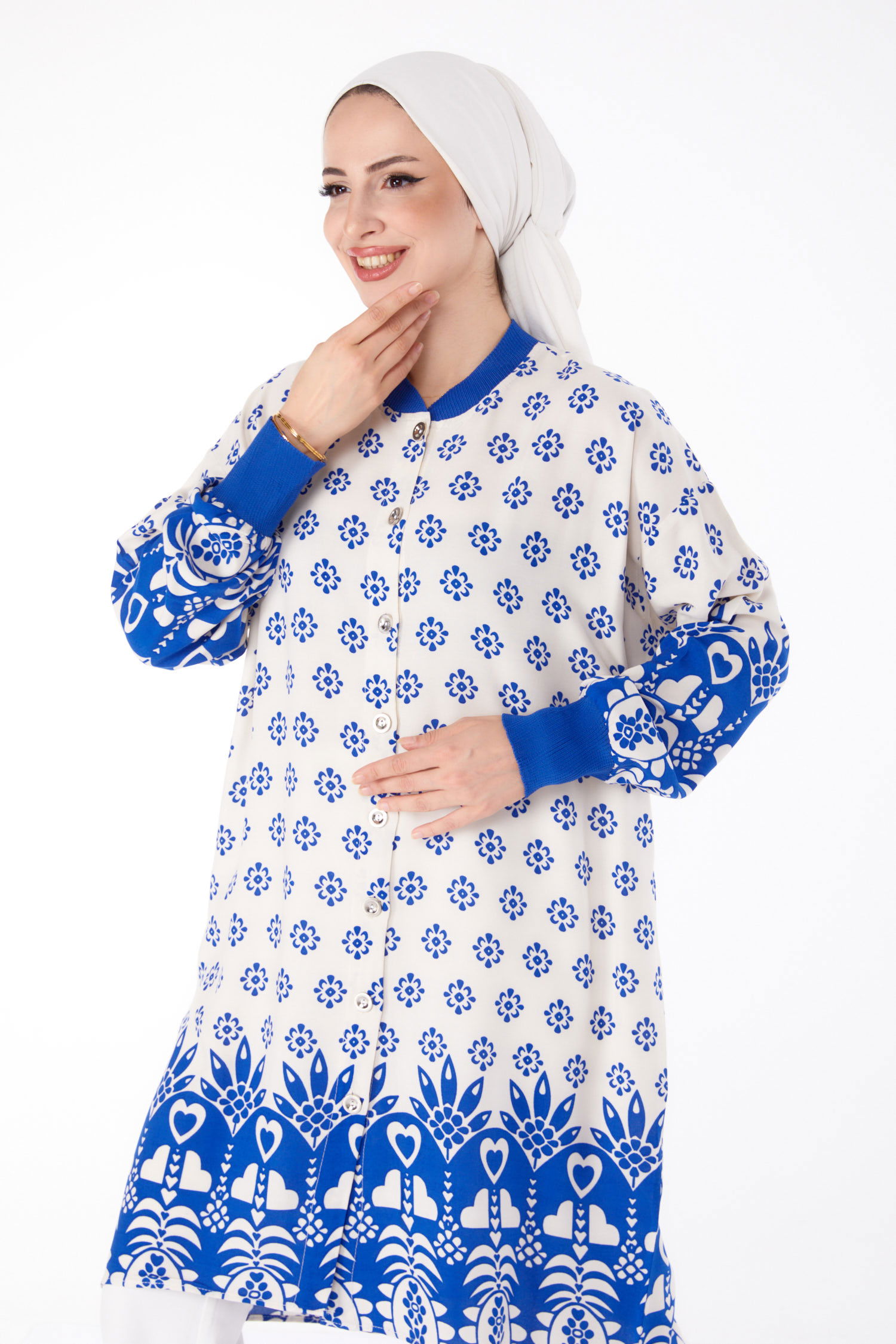 Düğmeli Desenli Tunik Saks - 25623 - 3