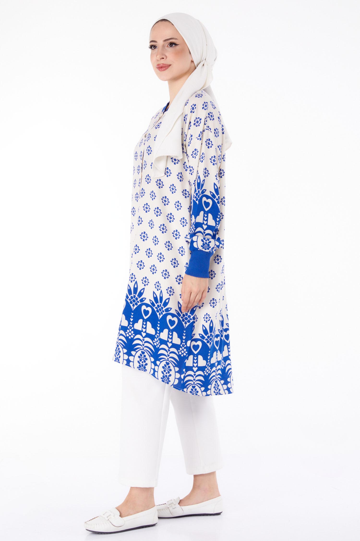 Düğmeli Desenli Tunik Saks - 25623 - 4