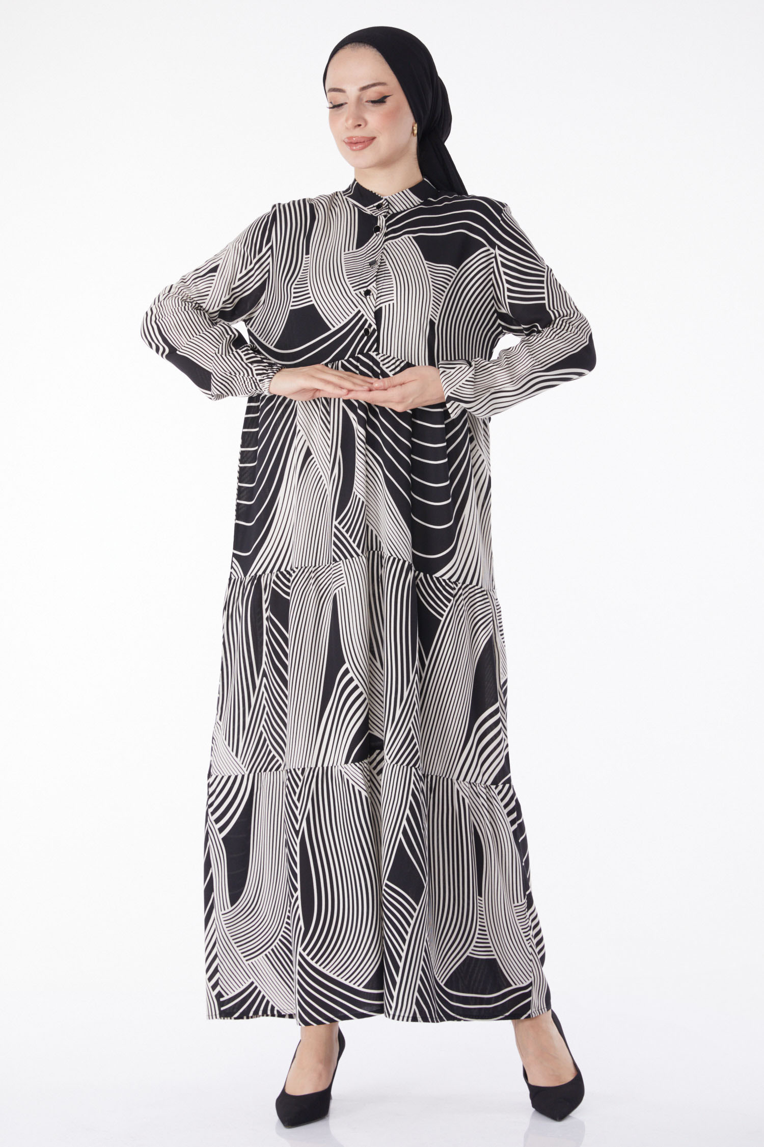 Düz Hakim Yaka Kadın Siyah Beyaz Çizgili Desenli Elbise - 25244 - 1