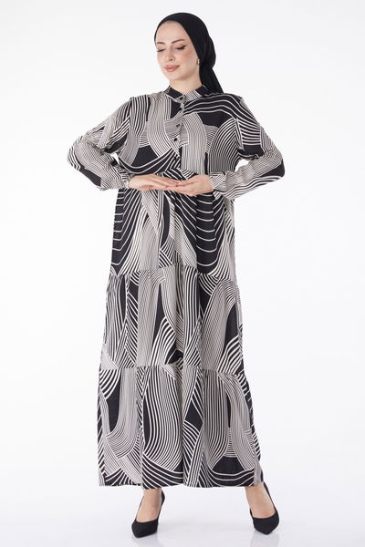 Düz Hakim Yaka Kadın Siyah Beyaz Çizgili Desenli Elbise - 25244 