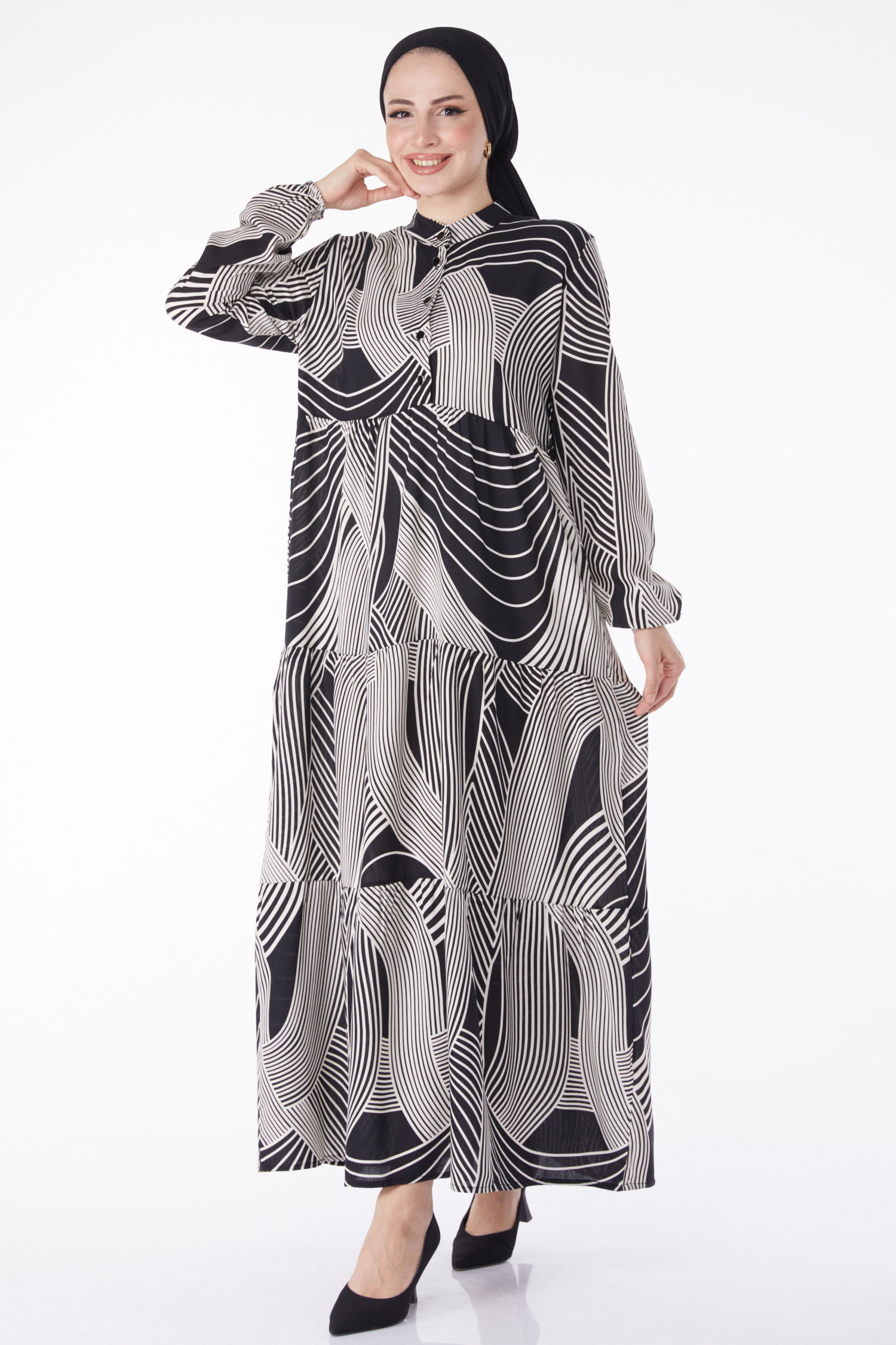 Düz Hakim Yaka Kadın Siyah Beyaz Çizgili Desenli Elbise - 25244 - 2