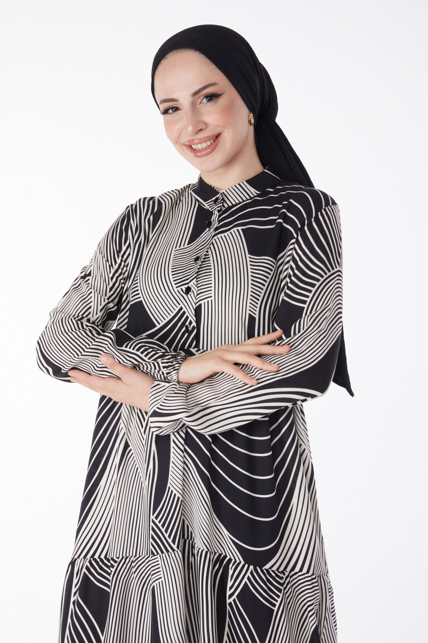 Düz Hakim Yaka Kadın Siyah Beyaz Çizgili Desenli Elbise - 25244 - 3