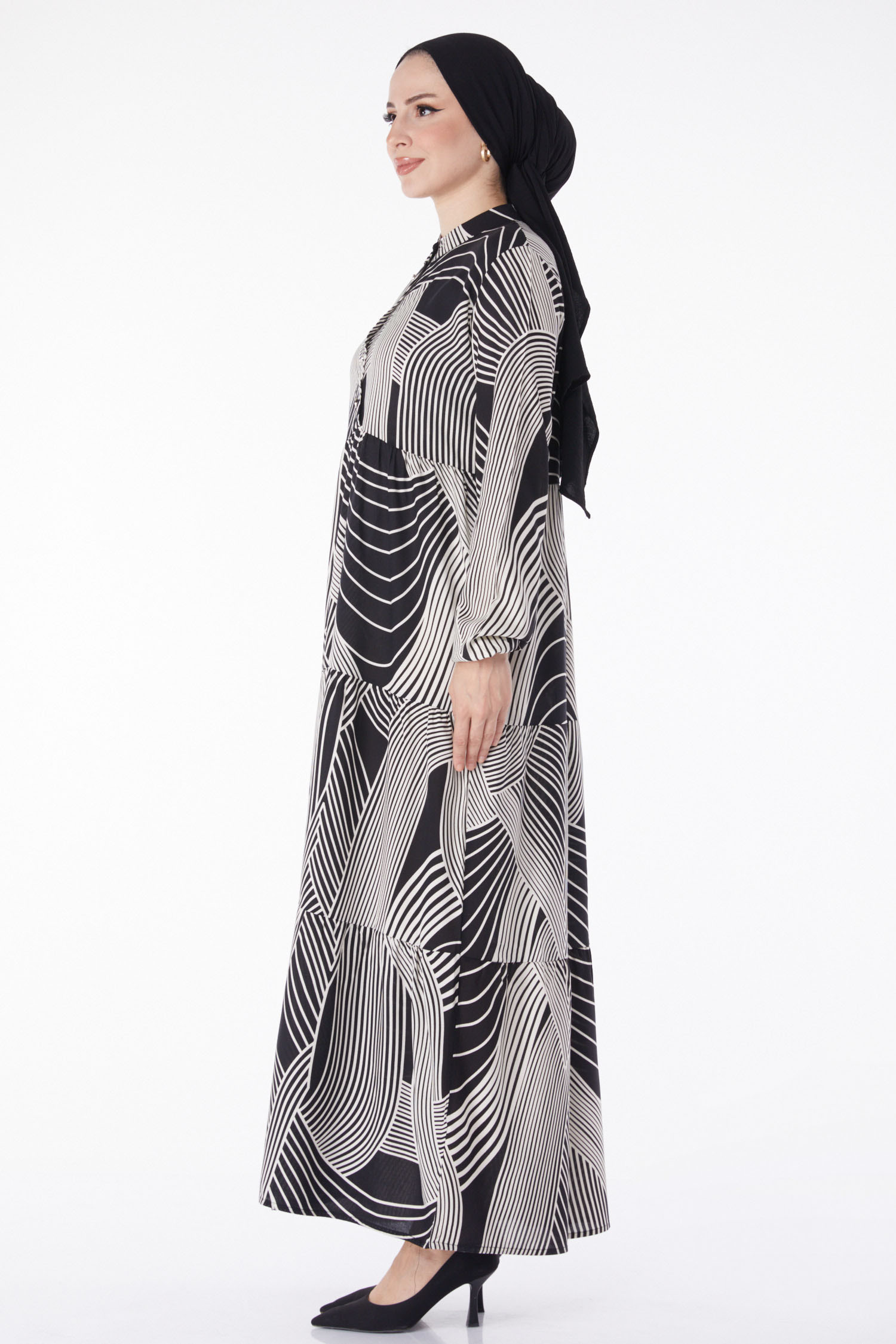 Düz Hakim Yaka Kadın Siyah Beyaz Çizgili Desenli Elbise - 25244 - 4