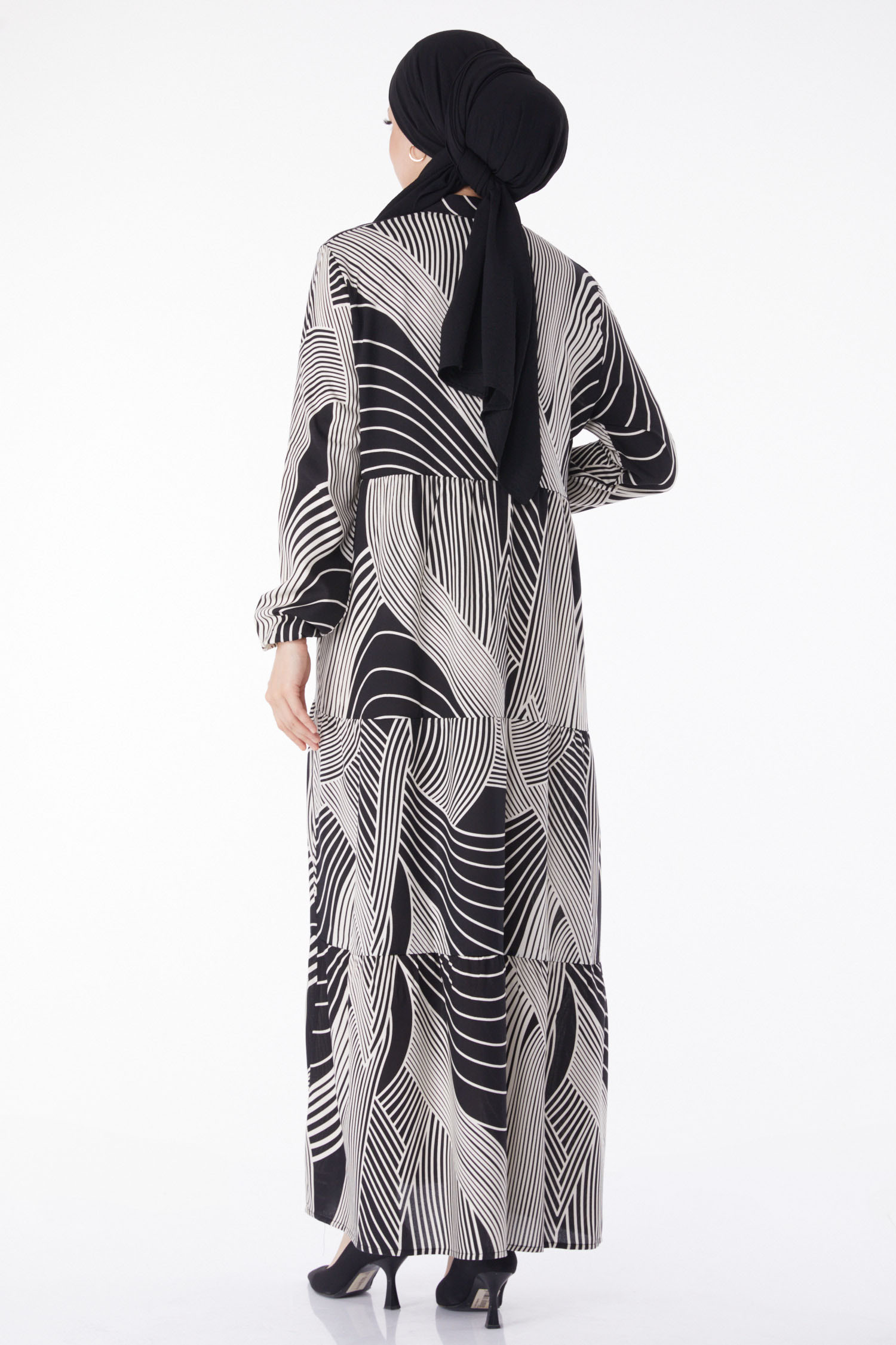 Düz Hakim Yaka Kadın Siyah Beyaz Çizgili Desenli Elbise - 25244 - 5