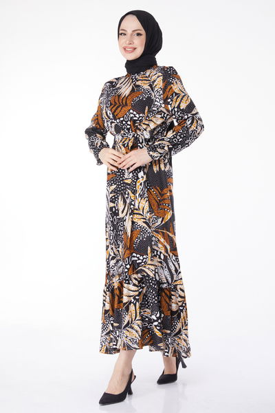 Desenli Elbise Siyah - 25075 