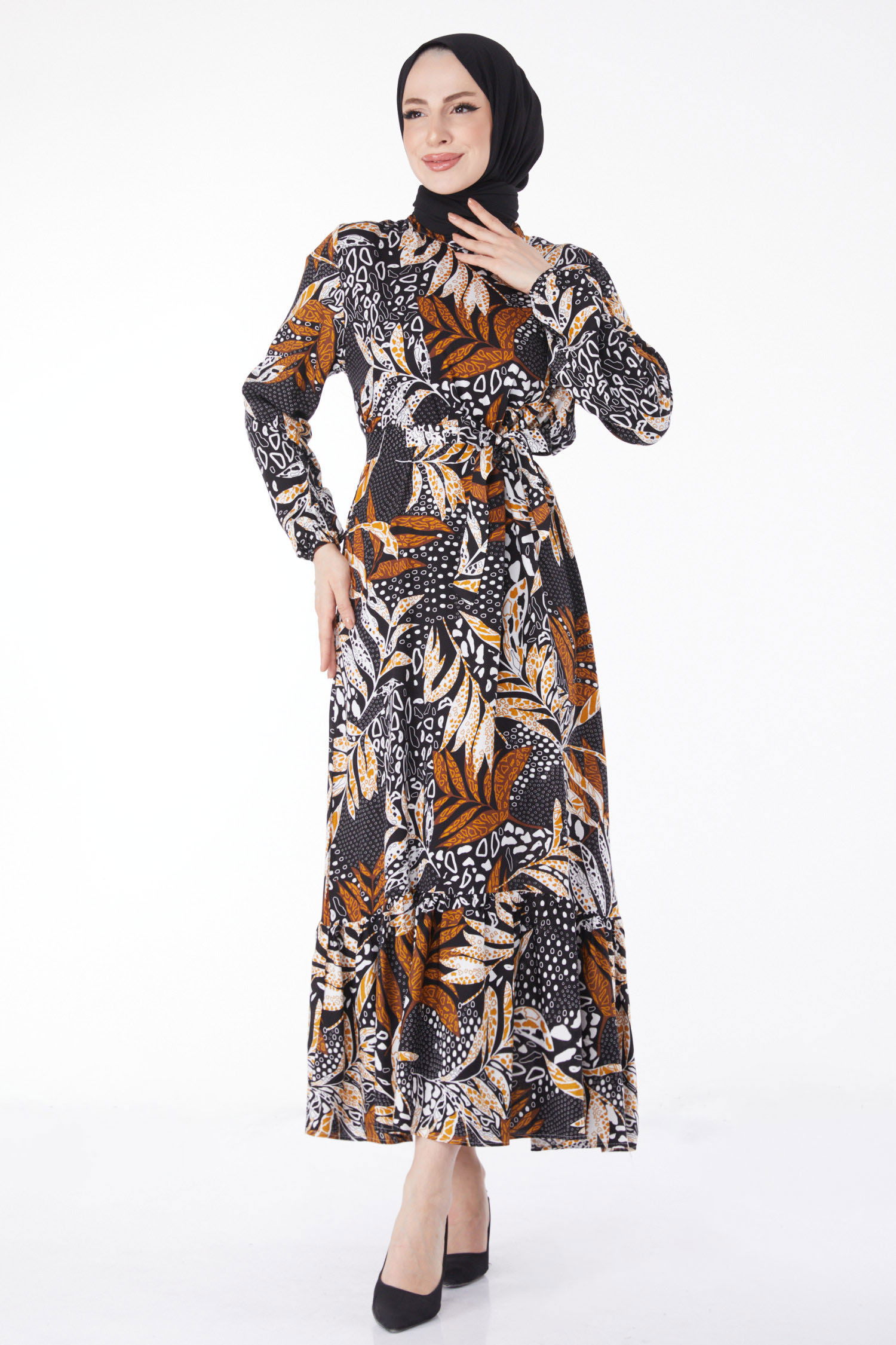 Desenli Elbise Siyah - 25075 - 3