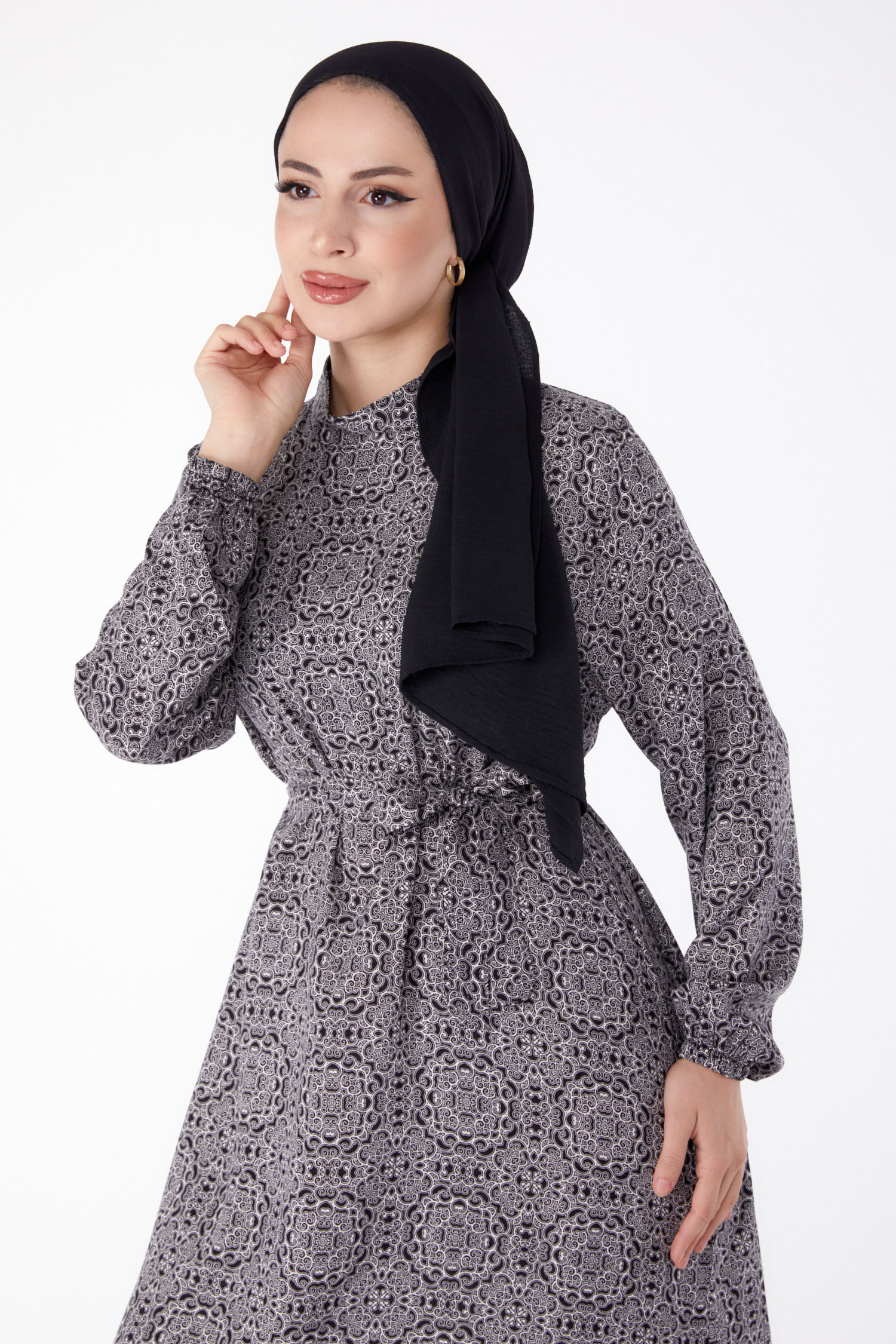 Desenli Kuşaklı Elbise Siyah - 25345 - 2