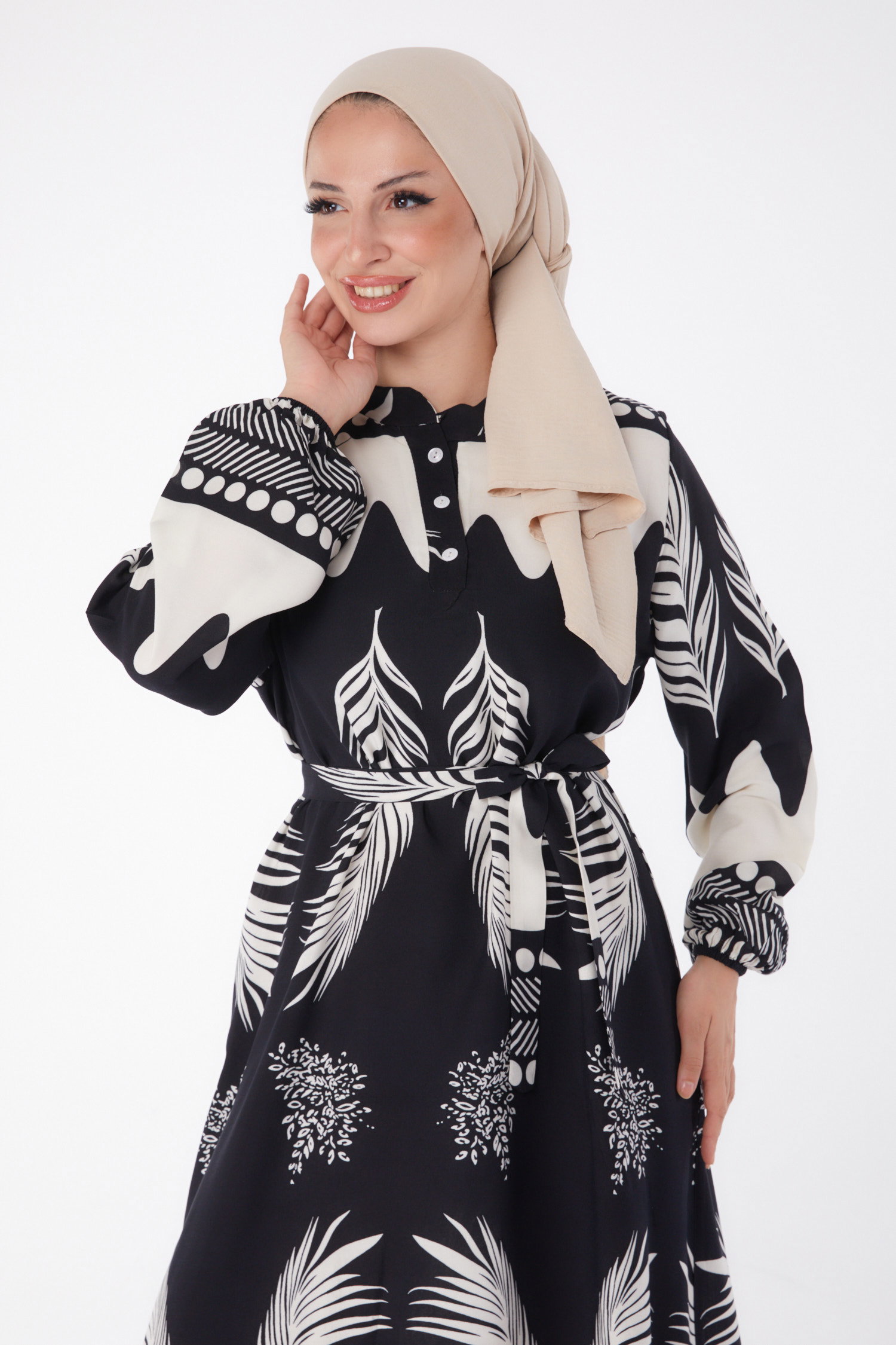 Desenli Kuşaklı Elbise Siyah - 26015 - 2