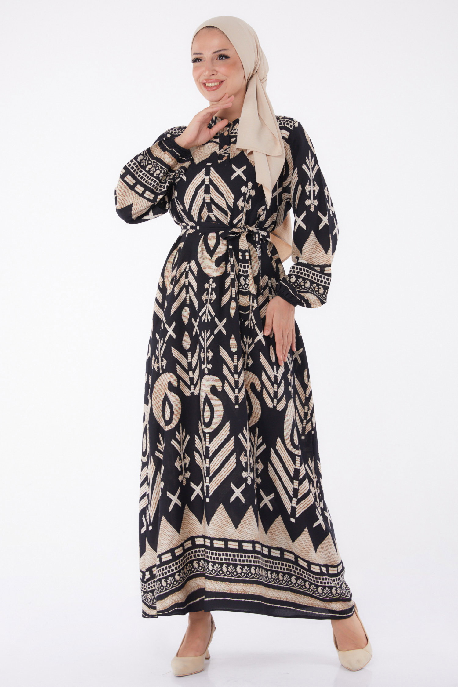 Desenli Kuşaklı Elbise Siyah - 26016 - 1