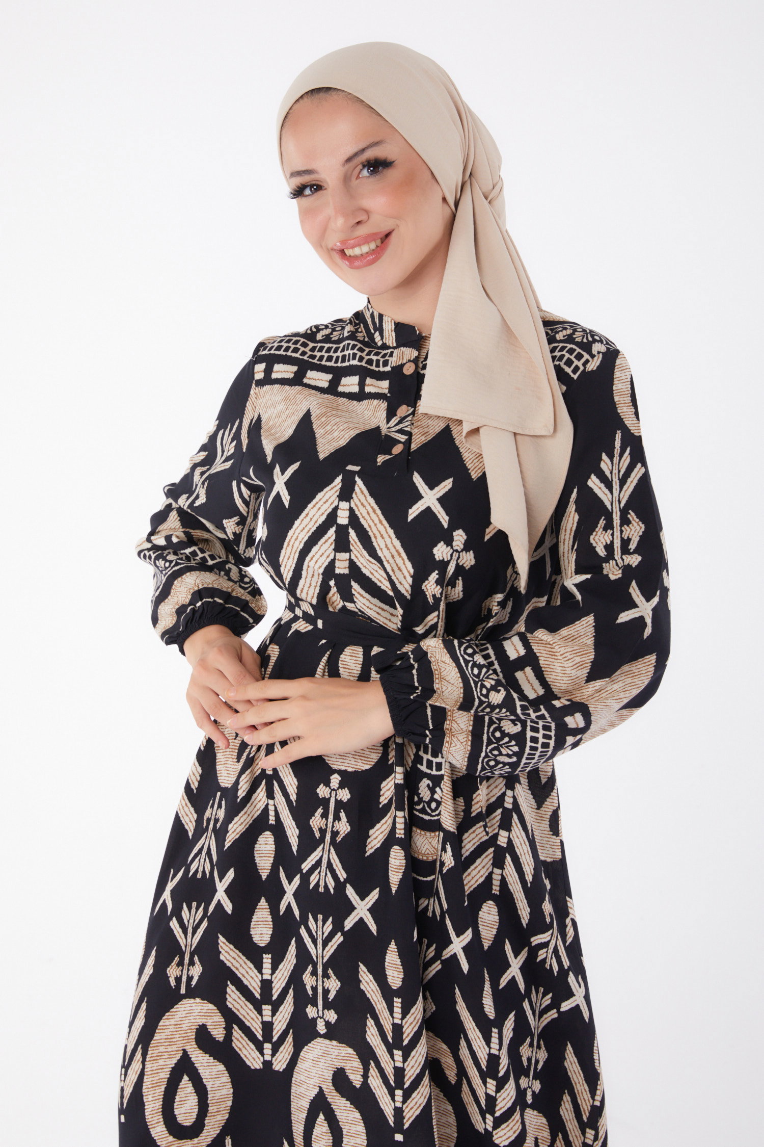 Desenli Kuşaklı Elbise Siyah - 26016 - 2