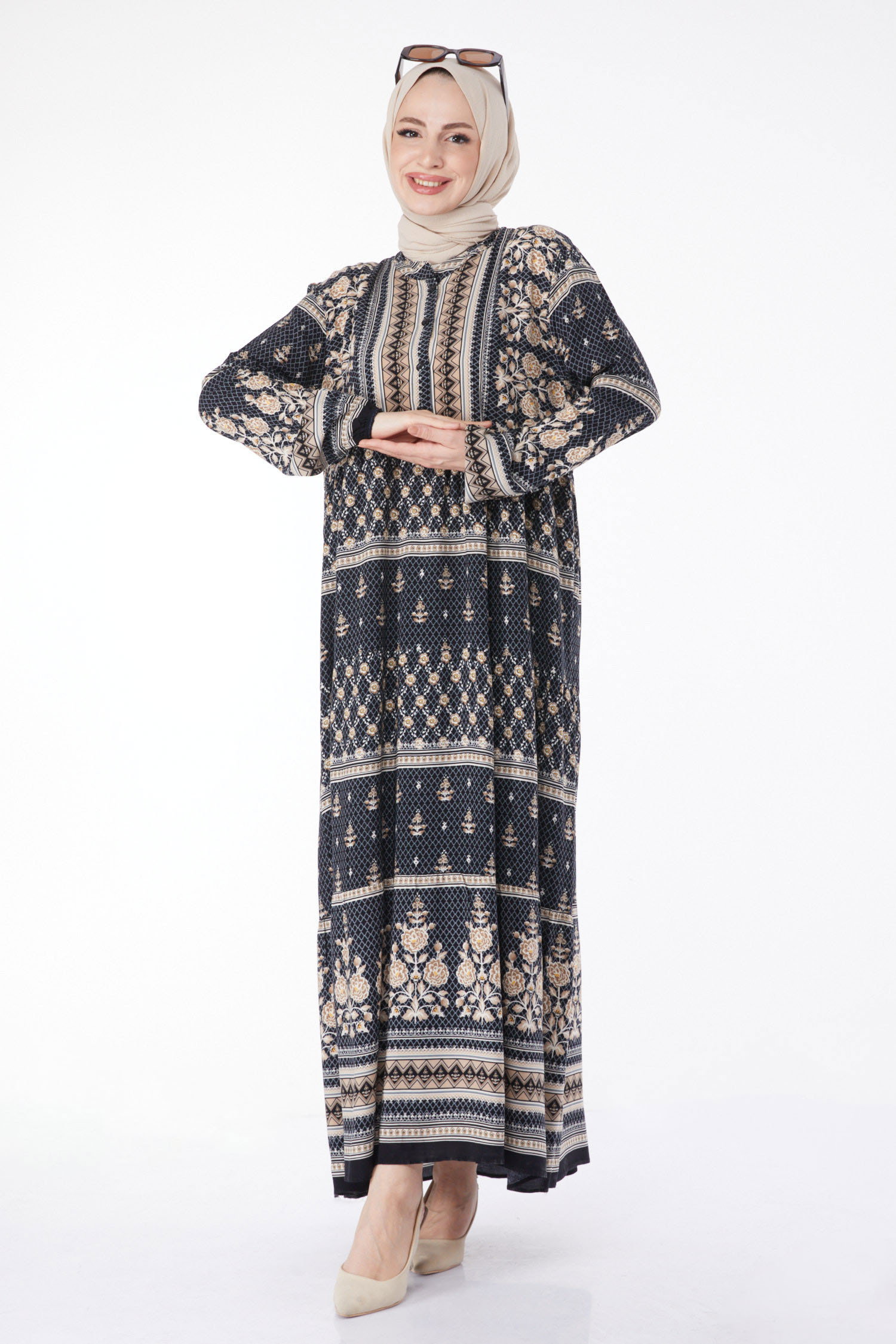 Desenli Renkli Elbise Siyah - 24995 - 1