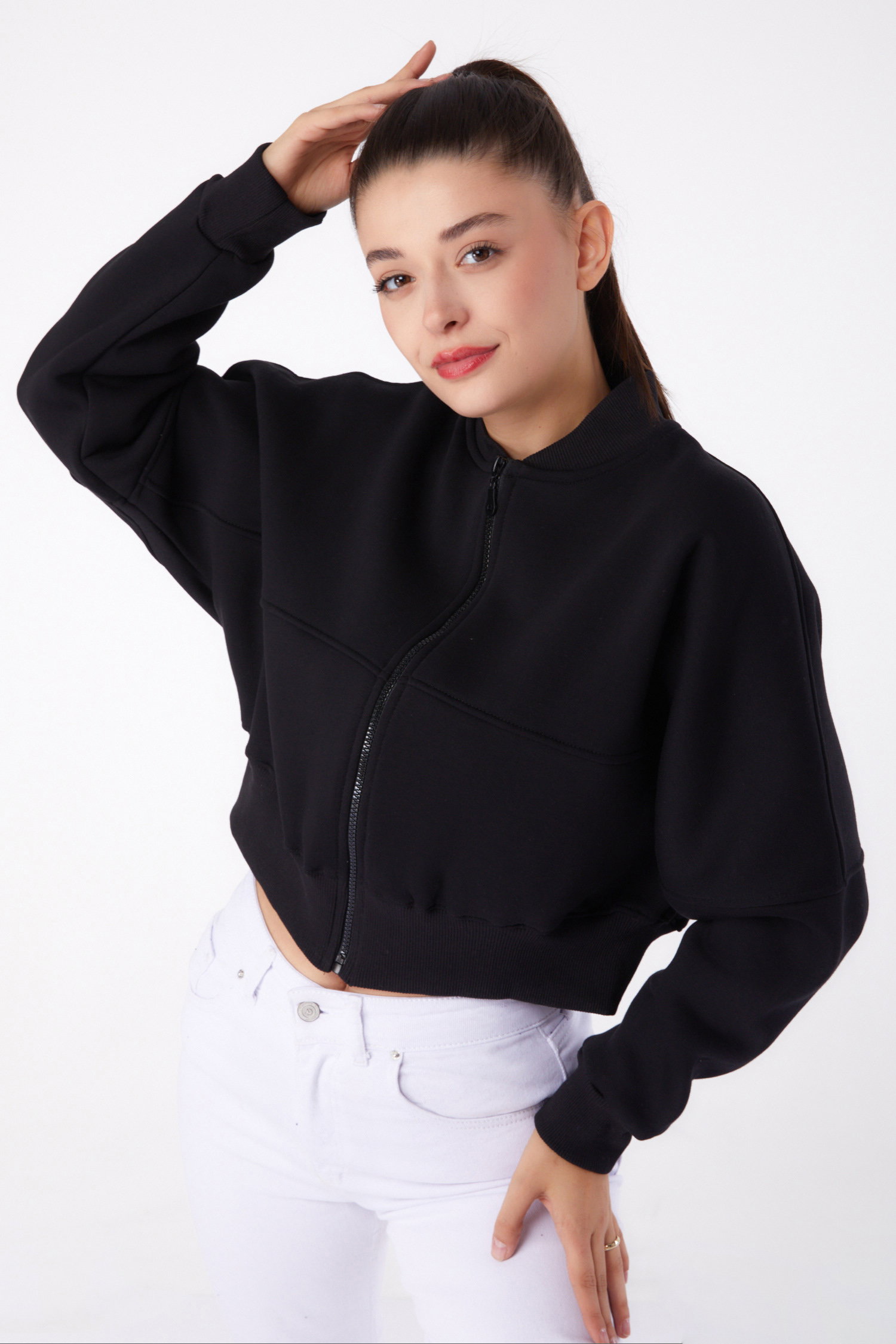 Fermuarlı Crop Sweatshirt Siyah - 26274 - 1