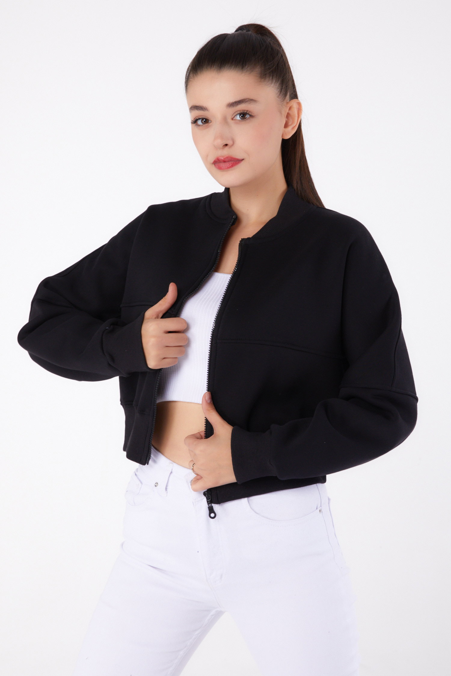 Fermuarlı Crop Sweatshirt Siyah - 26274 - 2