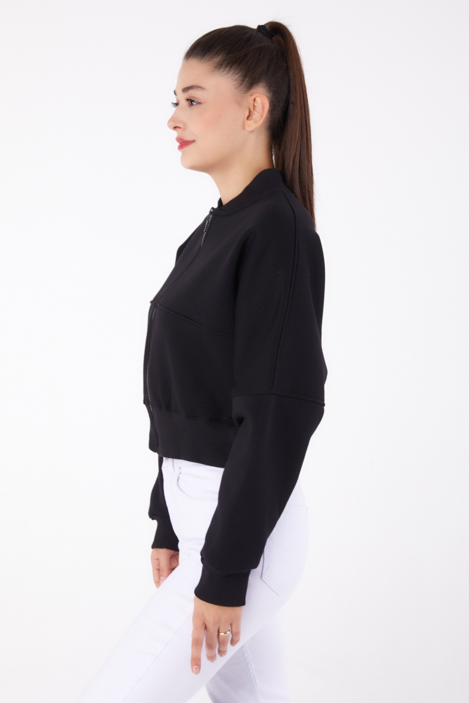 Fermuarlı Crop Sweatshirt Siyah - 26274 - 3