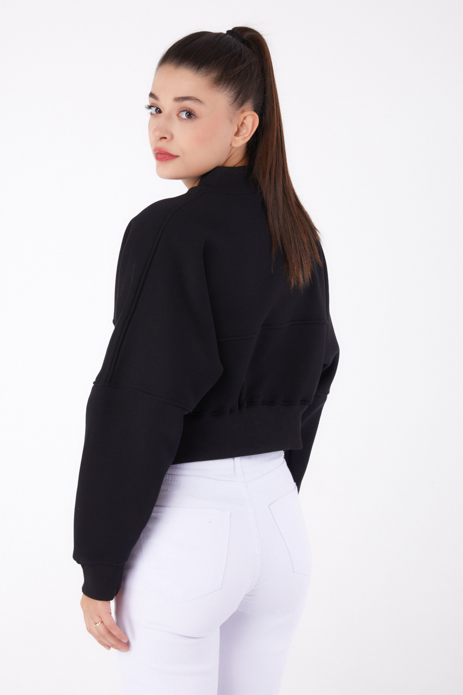 Fermuarlı Crop Sweatshirt Siyah - 26274 - 4