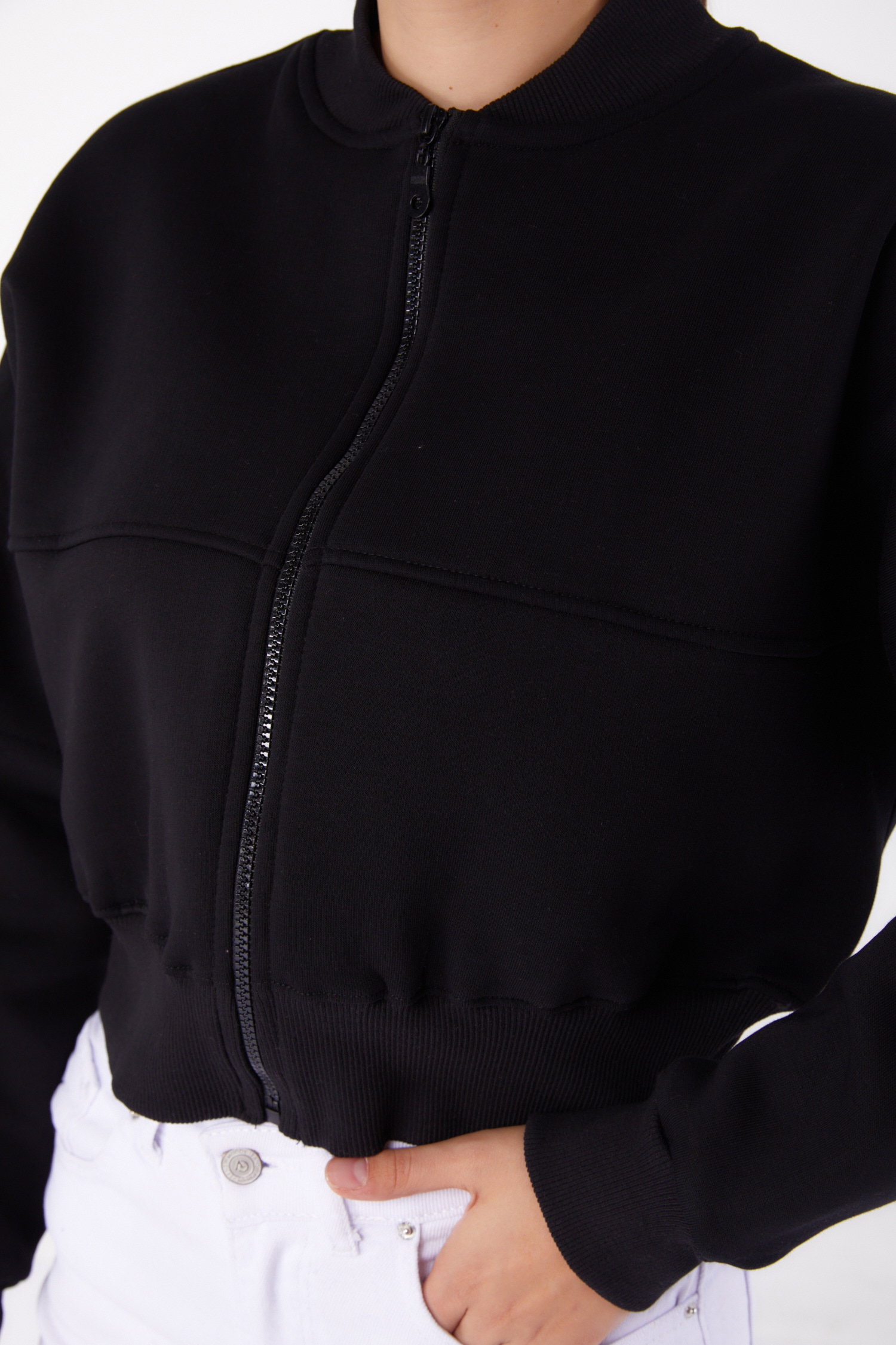 Fermuarlı Crop Sweatshirt Siyah - 26274 - 5