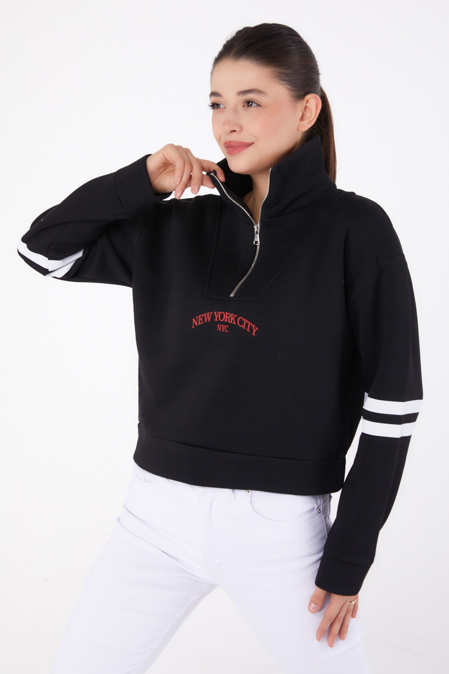 Fermuarlı sweatshirt Siyah - 26381 - 2