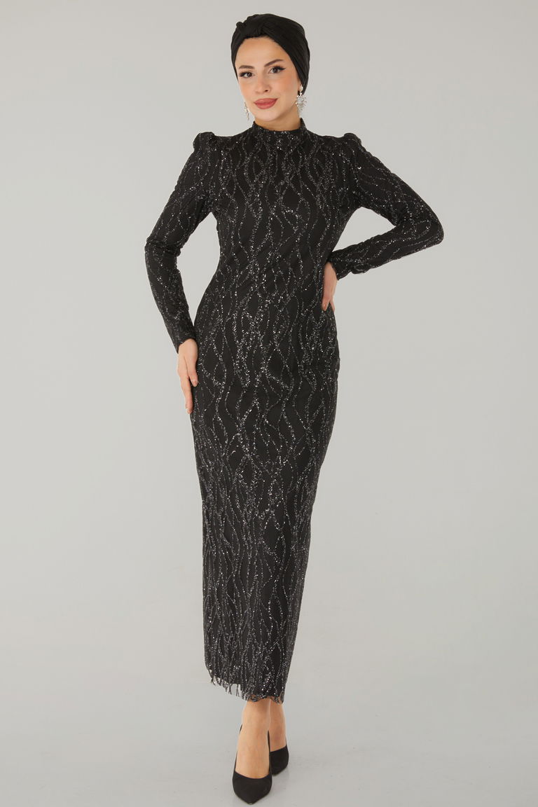 Işıltılı Abiye Elbise Siyah - 26521 - TOFİSA