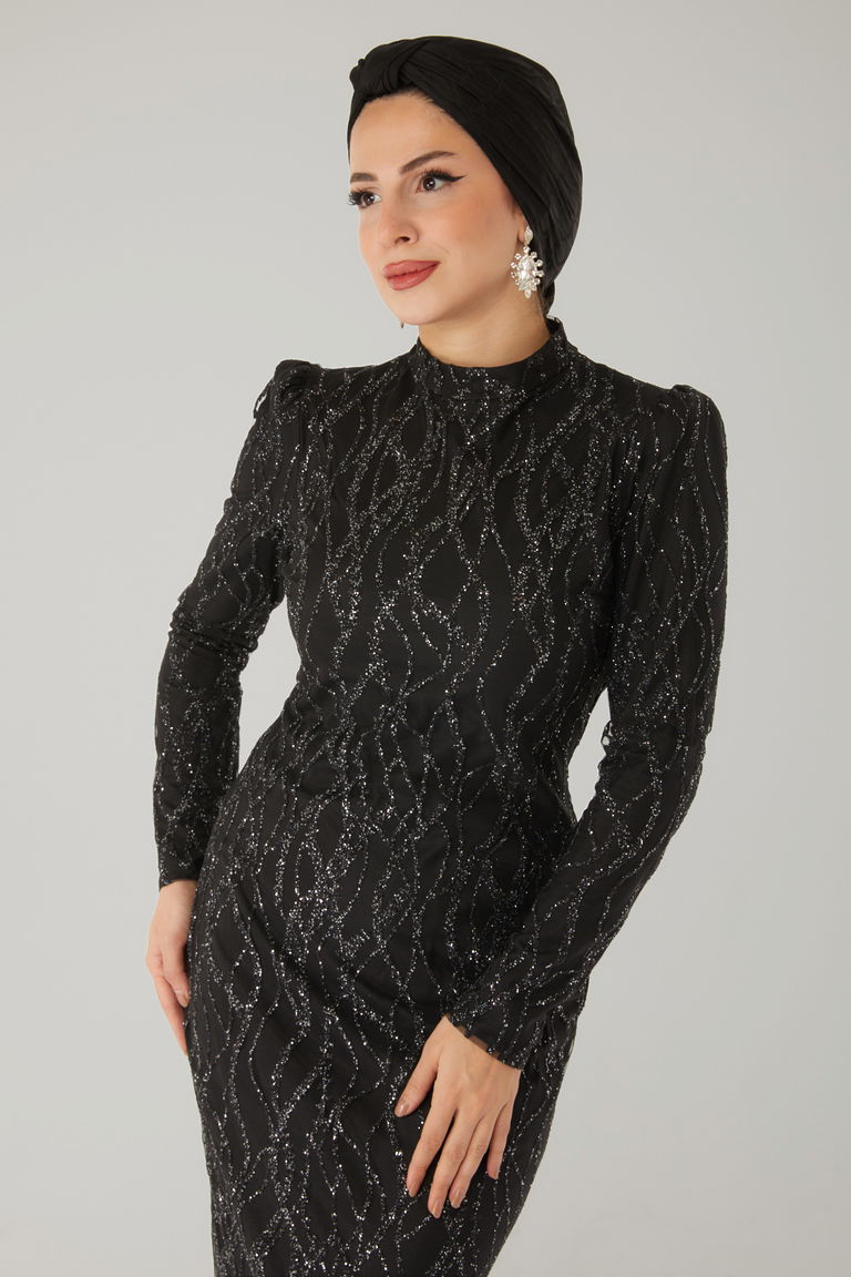 Işıltılı Abiye Elbise Siyah - 26521 - TOFİSA