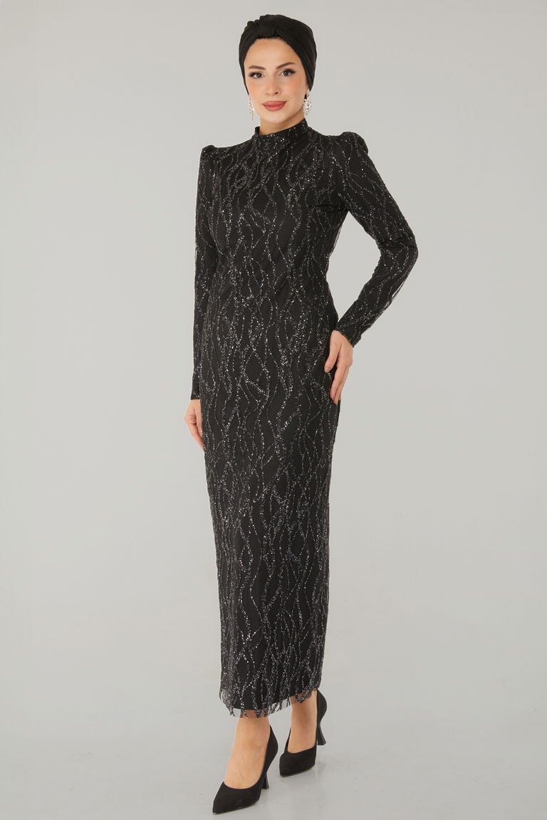 Işıltılı Abiye Elbise Siyah - 26521 - TOFİSA