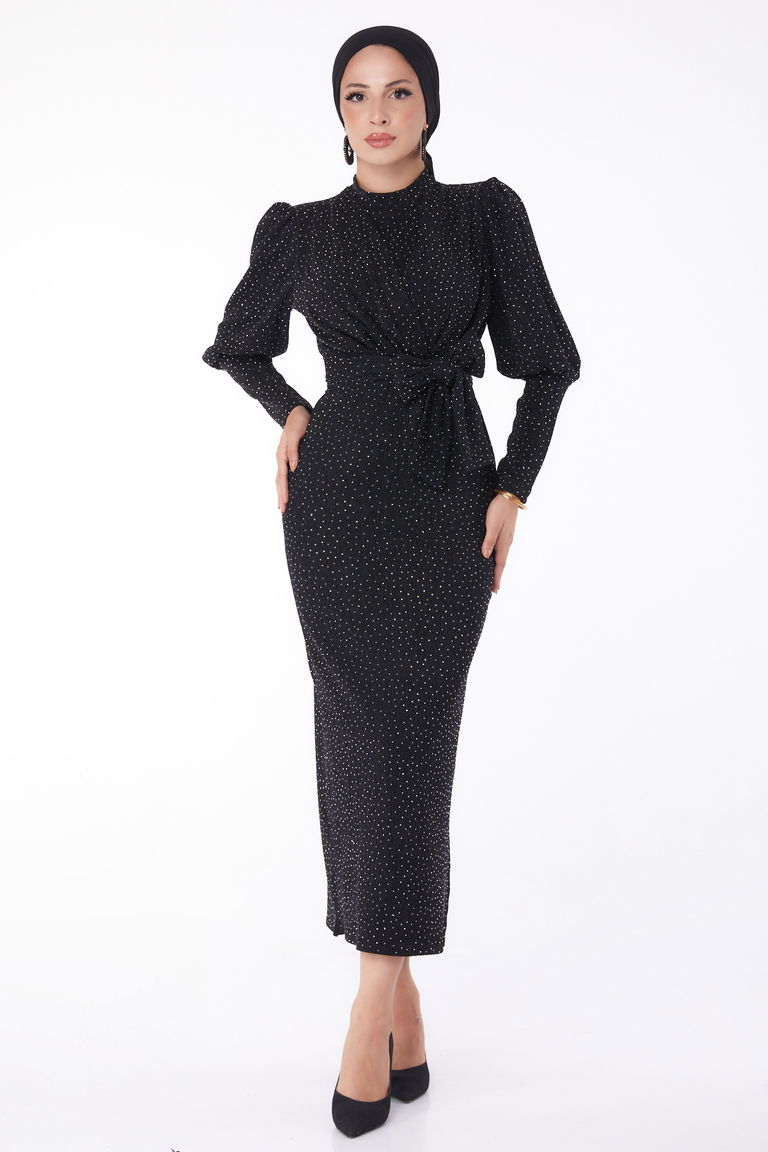 Düz Hakim Yaka Kadın Siyah Kuşaklı Abiye Elbise - 26138 - TOFİSA