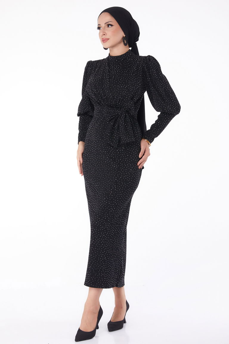 Düz Hakim Yaka Kadın Siyah Kuşaklı Abiye Elbise - 26138 - TOFİSA