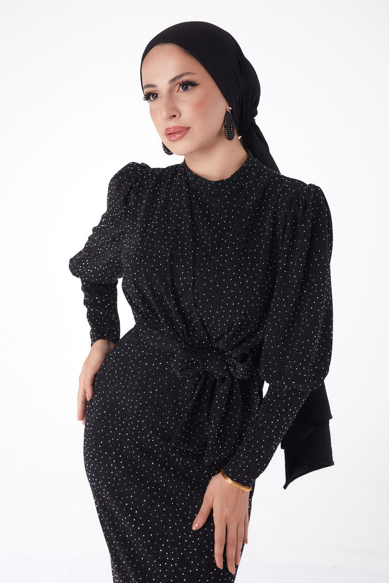 Düz Hakim Yaka Kadın Siyah Kuşaklı Abiye Elbise - 26138 - TOFİSA
