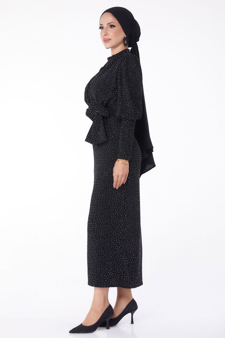 Düz Hakim Yaka Kadın Siyah Kuşaklı Abiye Elbise - 26138 - TOFİSA