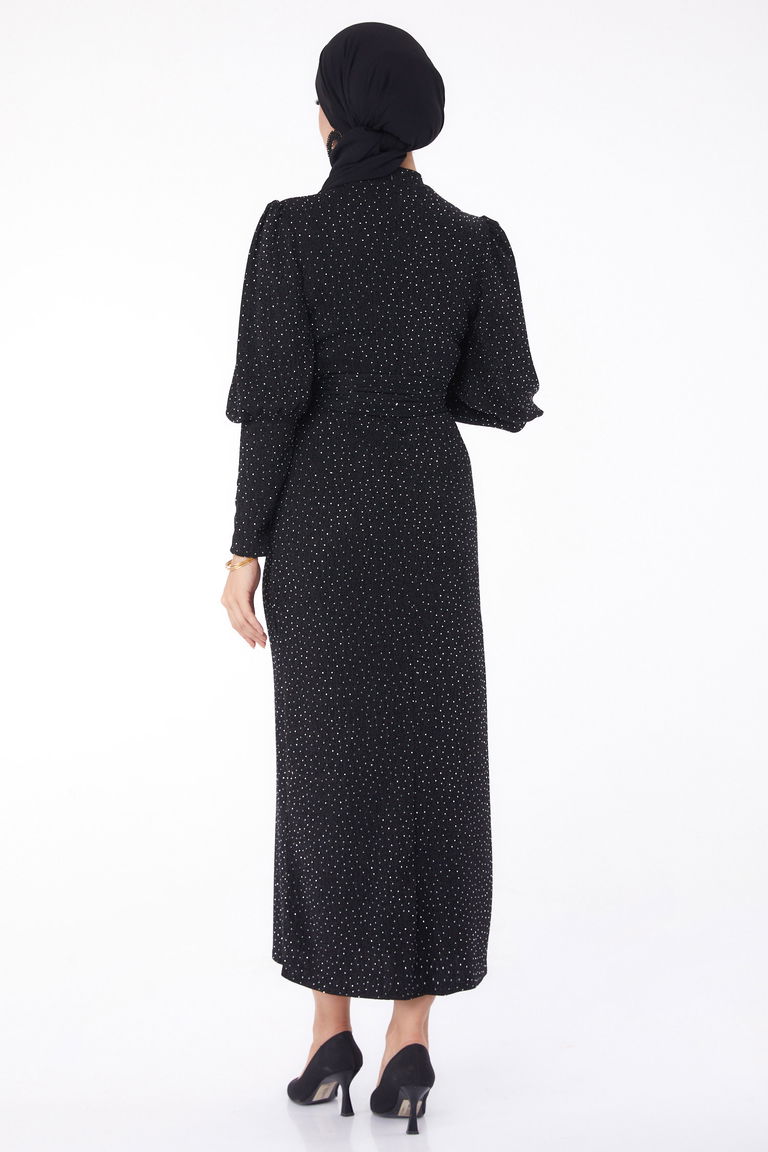Düz Hakim Yaka Kadın Siyah Kuşaklı Abiye Elbise - 26138 - TOFİSA