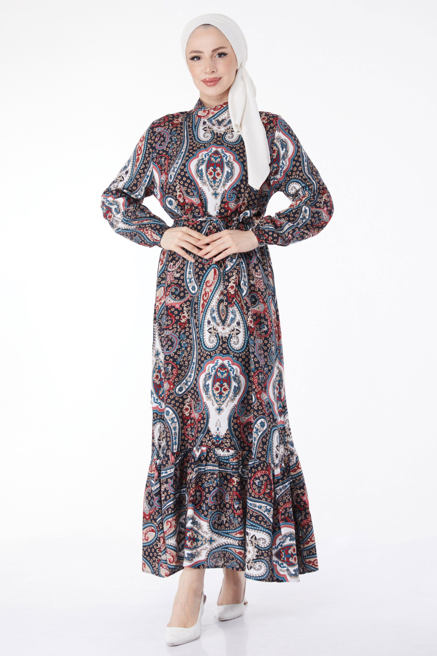 Kuşaklı Desenli Elbise Siyah - 24860 - 2