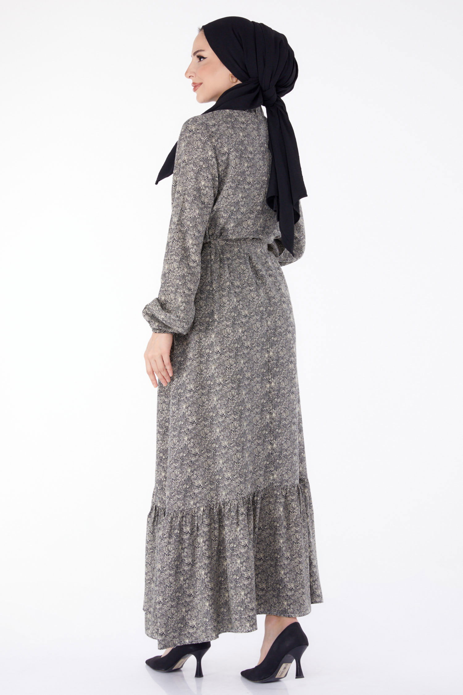 Kuşaklı Desenli Elbise Siyah - 25463 - 5