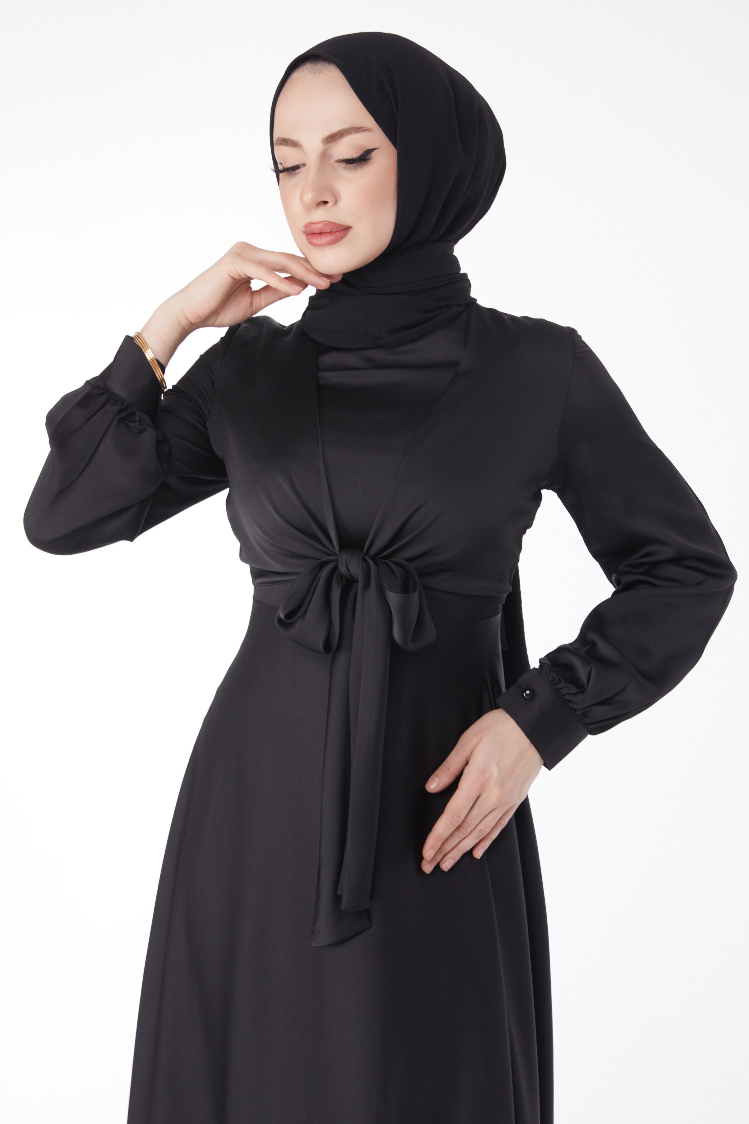 Önden Bağlamalı Abiye Elbise Siyah - 25342 - 4