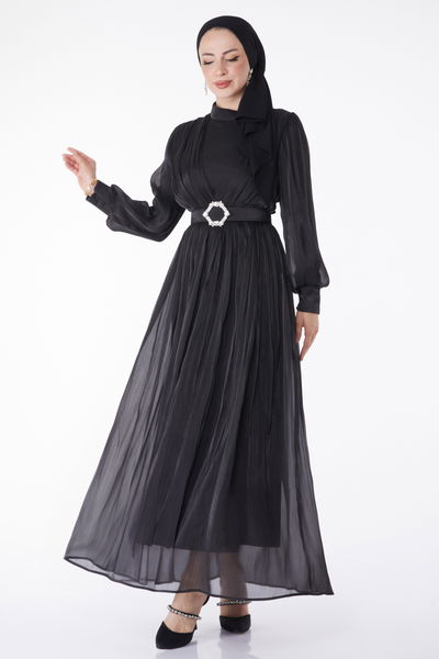 Pileli Abiye Elbise Siyah - 25284 