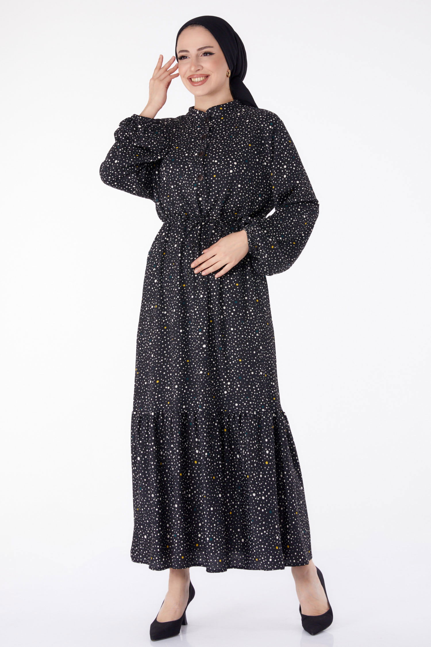 Puantiyeli Desenli Elbise Siyah - 25467 - 2