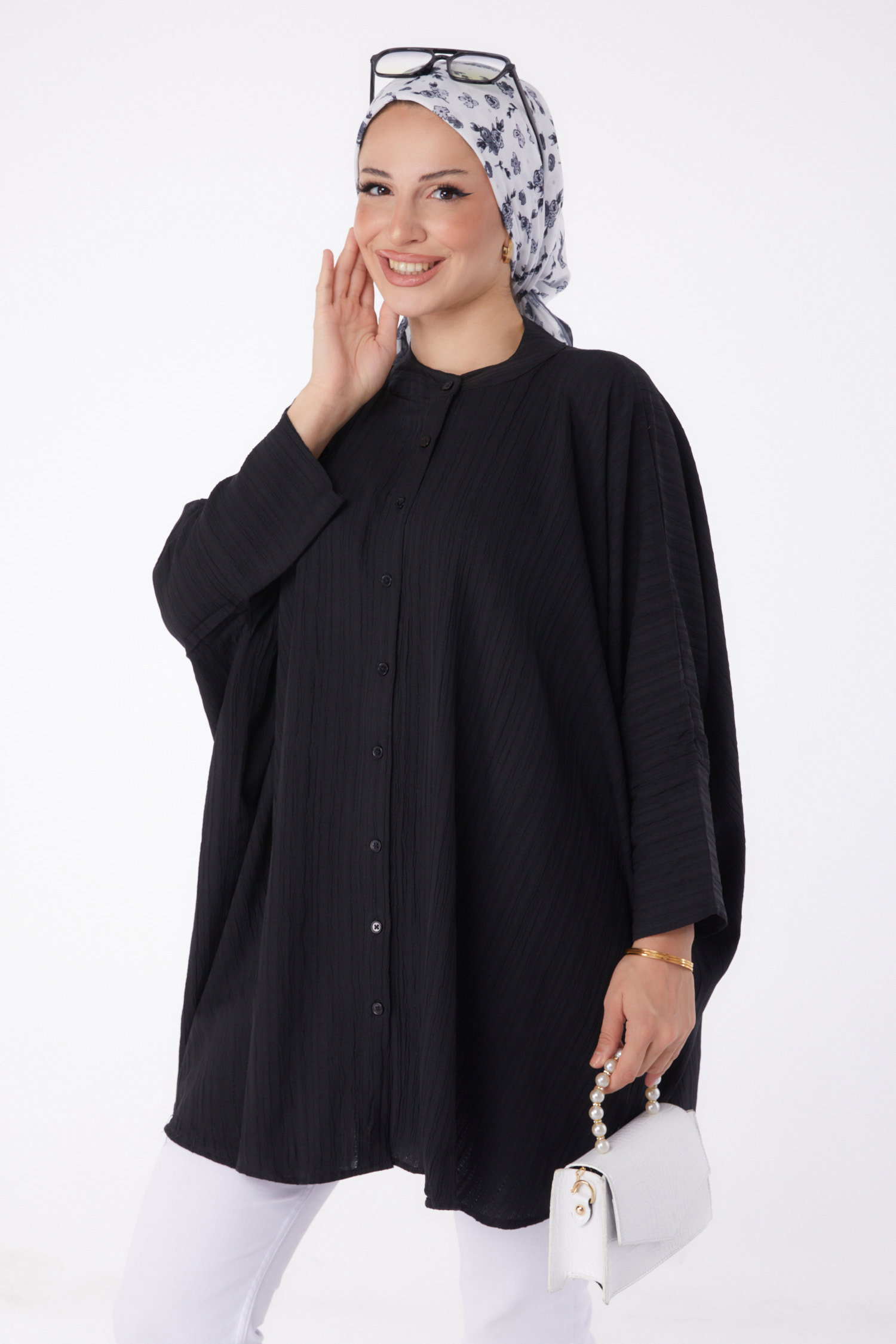 Düz Hakim Yaka Kadın Siyah Salaş Tunik - 26001 - 1