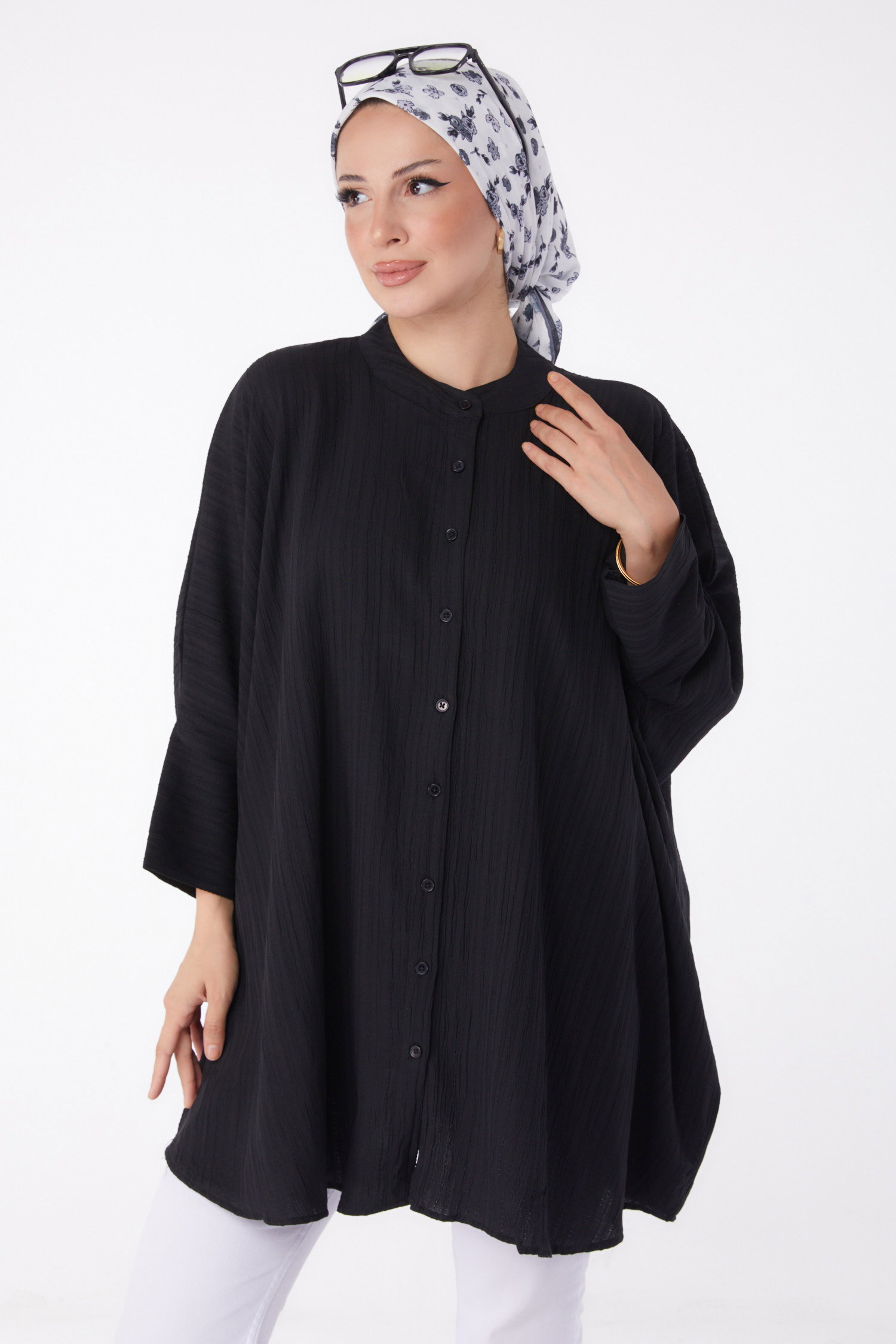 Düz Hakim Yaka Kadın Siyah Salaş Tunik - 26001 - 3