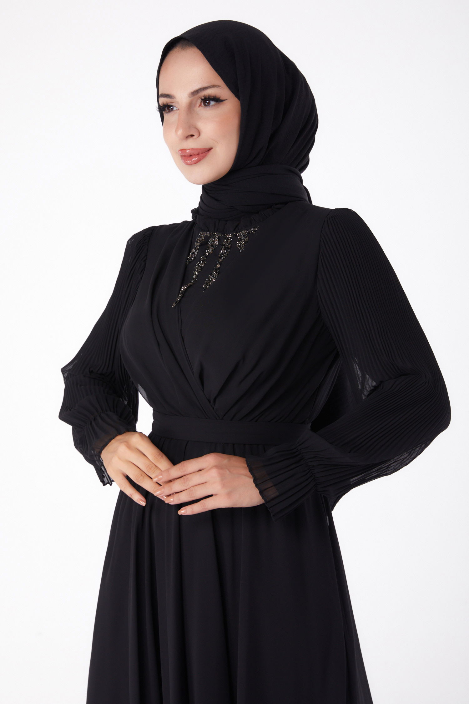 Düz Hakim Yaka Kadın Siyah Taşlı Şifon Elbise - 26256 - 4