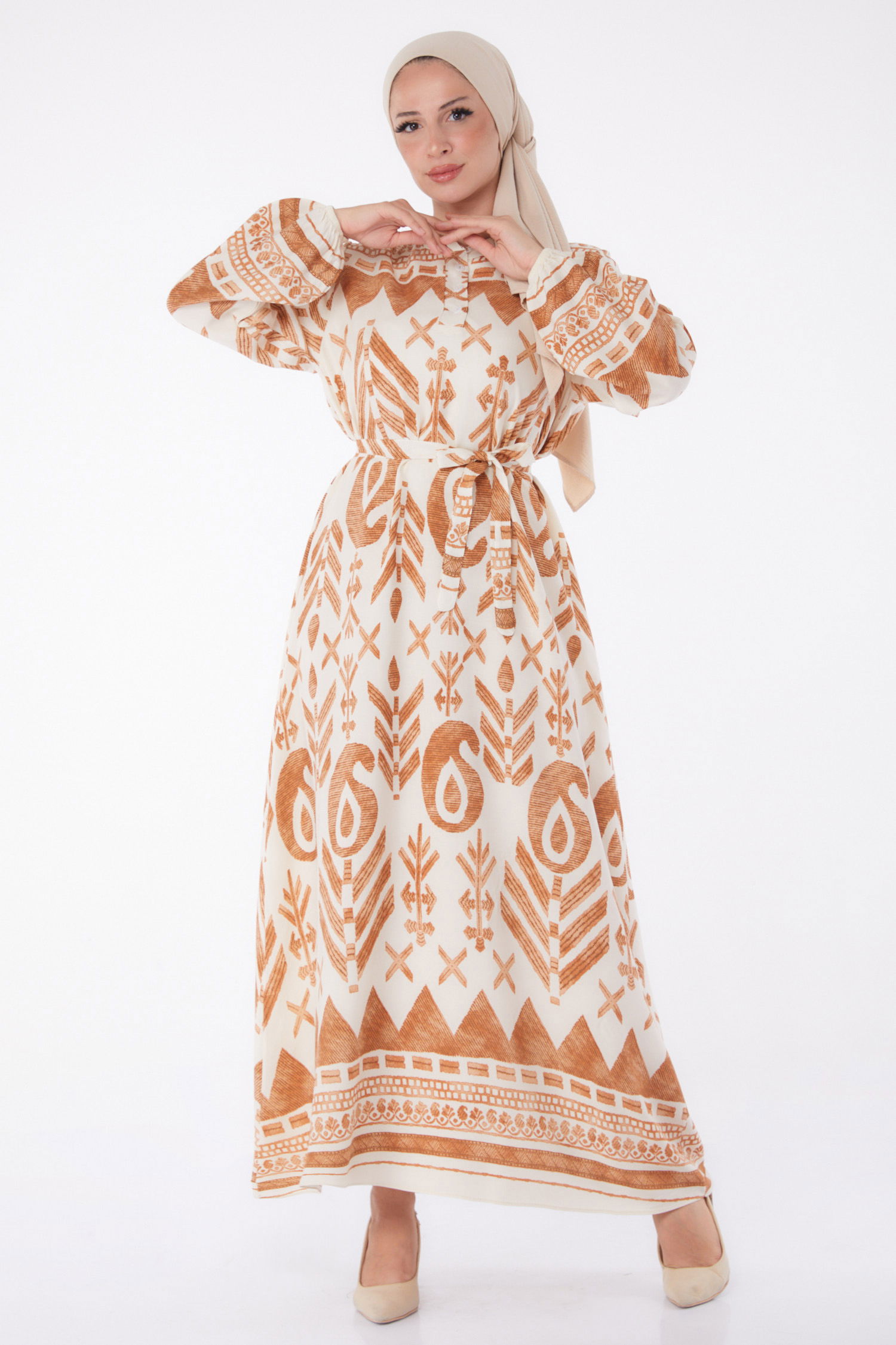 Düz Hakim Yaka Kadın Taba Desenli Kuşaklı Elbise - 26016 - 1